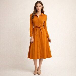 Vintage 70s Sears JR Bazaar Orange Button Front Belt Collared‎ Dress Long Sleeve